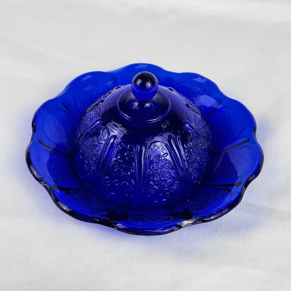 VTG Butter/Cheese Dish Cobalt Blue Glass Cherry Blossom Embossed Scalloped Edge